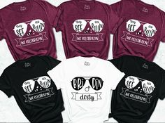 four t - shirts with different designs on them, including one that says be our celebration