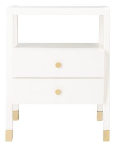 a white night stand with two drawers and gold handles on the bottom, against a white background