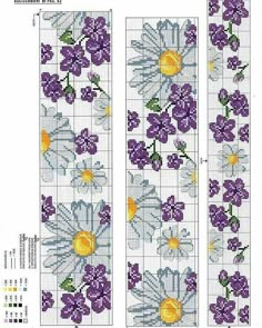 two cross stitch bookmarks with purple flowers and green leaves on the sides, one has yellow centers