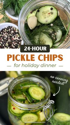 Two-image collage featuring homemade pickles in a glass jar. Pickle Flavored Food, Pickle Platter, Pickles Homemade Easy, Christmas Pickles, Easy Refrigerator Pickles, Holiday Finger Foods, Nye 2025, Making Pickles, Quick Pickle