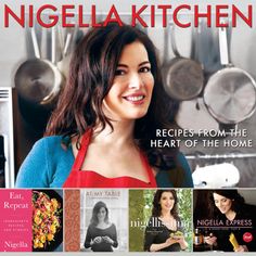 a woman in an apron is smiling for the camera and has four cookbooks on it