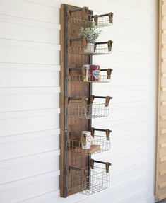 Kalalou Recycled Wood & Metal Wall Rack With Six Wire Storage Baskets | Modishstore | Wall Shelf Boho Cabinets, Boho Shelf, Industrial Wall Decor, Wire Basket Storage, Industrial Home Decor, Shelves Design, Modern Mirrors, Vintage Industrial Decor, Rustic Coastal