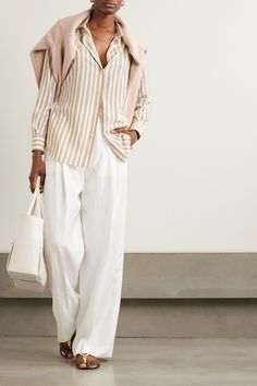 Loro Piana's 'Kara' shirt will transcend seasons, looking great with jeans or tailored pants. It's cut from silk patterned with stripes and embroidered with cursive initials. Inverted Triangle, Brand Website, Summer Lookbook, Classy Work Outfits, Warm Spring, Stripe Silk, Light Spring, Loro Piana, Tailored Pants