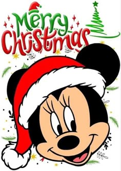 a cartoon mickey mouse wearing a santa hat and merry christmas lettering on the back of it