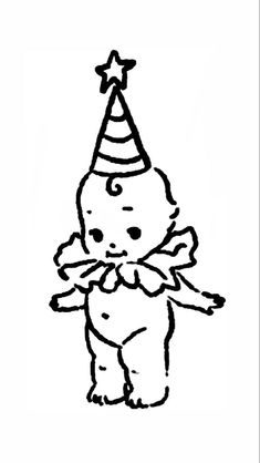 a black and white drawing of a teddy bear wearing a party hat with a star on top