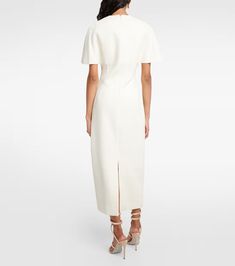 Bridal Blaine caped midi dress in white - Emilia Wickstead | Mytheresa Elegant Longline Formal Dresses, Fitted White Crepe Dress, Elegant Fitted Longline Midi Dress, Elegant Longline Dresses For Formal Occasions, Elegant Longline Midi Dress For Party, White Structured Dress For Work, Elegant Evening Longline Maxi Dress, Chic Longline Evening Dresses, White Crepe Party Dress