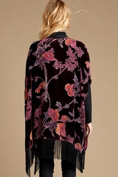 Oddi Burnout floral velvet kimono cardigan on rich dark Burgundy background with black fringe hem, So beautiful. Got to have! Color: Burgundy One Size fits most S-M-L-XL - fits up to approx bust 44 Length 33 includes fringe 65% Viscose, 35% Nylon yarn, importedD4//IJ12282 Velvet Fringe Kimono, Velvet Fringe, Women Kimono, Burgundy Background, Long Cardigans, Fringe Kimono, Velvet Kimono, Burnout Velvet, Dark Burgundy