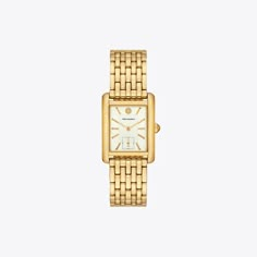 Clean-lined and elegant. The new Eleanor watch features a geometric case, an oversized Double T clasp and a classic link bracelet in gold-tone stainless steel.