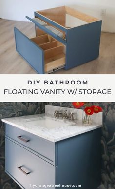 two pictures with different types of bathroom furniture and the words diy bathroom floating vanity / storage