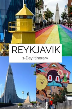 several different pictures with the words reykjavk on them and an image of a lighthouse