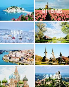 four different pictures with the names of cities in each country and flowers all around them