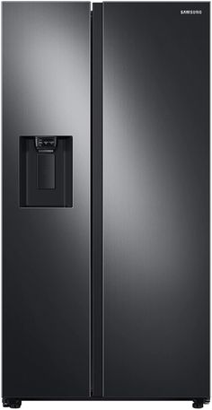 a black refrigerator freezer sitting next to each other in front of a white background