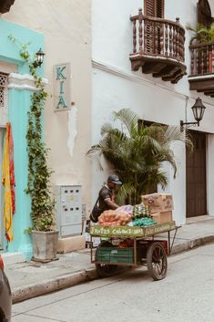 a man is pushing a cart with food on it down the street in front of a building