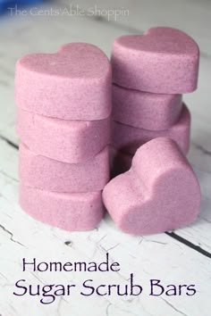 homemade sugar scrub bars stacked on top of each other with text overlay that reads homemade sugar scrub bars