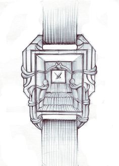 a drawing of a watch with the time displayed on it's face and hands