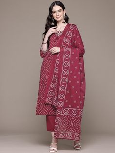 Bandhani Printed Mirror Work Pure Cotton Kurta With Trousers & Dupatta PRODUCT DETAILS  Maroon printed Kurta with Trousers with dupatta Kurta design: Bandhani printed Straight shape Regular style Tie-up neck, three-quarter regular sleeves Mirror work detail Calf length with straight hem Pure cotton machine weave fabric Trousersdesign: Solid Trousers Elasticated waistband Slip-on closure Size & Fit The model (height 5'8) is wearing a size S Material & Care Pure Cotton Machine Wash Specifications Cotton Sets With Bandhani Print In Traditional Drape, Red Printed Sets For Navratri, Red Cotton Unstitched Suit With Printed Motifs, Cotton Unstitched Suit With Bandhani Print For Festivals, Printed Cotton Traditional Wear For Diwali, Festival Cotton Unstitched Printed Suit, Festival Cotton Printed Unstitched Suit, Traditional Festive Sets With Batik Print, Festive Batik Print Sets For Navratri