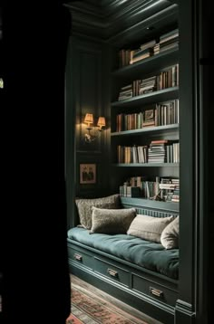 an image of a living room with bookshelves