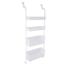 a white shelf with three bins and two hooks on the top, against a white background