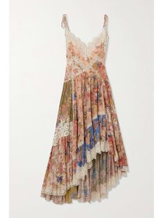 ZIMMERMANN August asymmetric lace-trimmed paisley-print silk midi dress Spring Silk Dress With Lace Patchwork, Bohemian Lace Dress With Floral Print, Bohemian Dress With Floral Print And Handkerchief Hem, Bohemian Multicolor Lace Dress, Elegant Multicolor Lace Patchwork Dress, Deep Winter, Silk Midi Dress, A Dress, Dream Dress