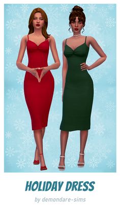 two women in red and green dresses standing next to each other with snowflakes behind them