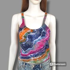 Tie Dye Halter Tank Top  Women's Handmade Tie Dye Clothing Tops and Tees. Geode Style M Size Personalized Unique Gift For Girlfriend / Her Instagram: @derintiedye Welcome to my tie-dye store! I lovingly make each item by hand, they are unique and one of a kind. The dyes I use are premium quality fiber reactive dyes and my products are all pre-washed and pre-shrunk for you. I will ship your order within two business days. Thank you for your interest in my store, please follow me on Instagram to see my latest creations. I truly appreciate your business, feedback and reviews! Washing Instructions You will receive your tie-dye garments pre-washed but for the first few washes I recommend that you wash them separately as it is common for hand dyed garments to bleed. Don't worry though, the color Spring Multicolor Stretch Tank Top, Casual Multicolor Printed Tank Top, Colorful Printed Tops For Summer, Stretch Multicolor Print Summer Tops, Stretch Multicolor Print Tops For Summer, Trendy Printed Tie Dye Tops, Summer Multicolor Print Stretch Tops, Casual Multicolor Tank Top, Casual Multicolor Print Summer Tops