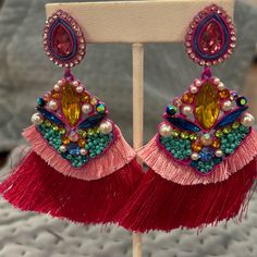 Vacation Ready Statement Earrings Will Be Your Outfit!! Super Cute Pink Fringe Layers And Beautiful Beadwork Make This Statement Earring So Pretty. 3.5” X 2.5” Crystal, Faux Pearls And Seed Beads Surgical Steel Posts Lightweight Design 44e Multicolor Beaded Earrings For Celebration, Multicolor Beaded Earrings For Summer Party, Summer Party Dangle Crystal Earrings, Adjustable Chandelier Earrings For Summer Parties, Summer Party Crystal Dangle Earrings, Summer Party Multicolor Beaded Earrings, Colorful Dangle Beaded Earrings For Party, Handmade Multicolor Crystal Earrings For Party, Handmade Multicolor Beaded Earrings For Party