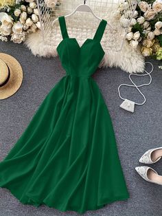 Women's Solid Color V-Neck Pleated Long Elegant Dress With Spaghetti Straps Maxi Women Outfit Dark Green Elegant  Sleeveless Woven Fabric Plain Cami Non-Stretch  Women Clothing, size features are:Bust: ,Length: ,Sleeve Length: Spaghetti Verde, Long Elegant Dress, Coverup Skirt, Green Dresses, Rose Fashion, Fashion Tights, Elegant Dresses Long, Midi Dress Casual, Womens Shoes High Heels