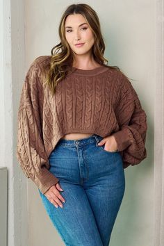 Elevate your plus size style with our Plus Don't Sell Yourself Short Cropped Sweater! Made with cozy 100% Acrylic, this cable knit bubble long-sleeve top is the perfect addition to your wardrobe. Stay warm and stylish in this brown cropped sweater and never sell yourself short again. Plus Size Sweater Outfits, Big Size Dress Hijab, Big Size Dress Mothers, Big Size Dress Casual, Women Western Outfits, Cute Plus Size Outfits, Plus Size Western, Sweaters Plus Size, Western Sweaters