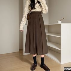 Fisdy - Womens High-Waisted Pleated Midi Skirt in Hazelnut Brown Office High Waist Brown Skirt, Brown High Waist Pleated Skirt, Pleated Maxi Skirt, Pleated Maxi, Coffee Brown, Coffee Colour, Pleated Midi Skirt, Tea Length, Types Of Skirts