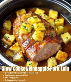 slow cooker pineapple pork loin in a crock pot with text overlay