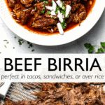 the cover of beef birria is shown on a table