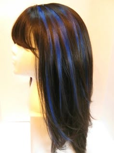 Cool Hair Highlights For Dark Hair, Dark Blue Streaks In Brown Hair, Blue Hair Streaks Brunette, Blue Hair On Brown Hair, Blue Streaks In Hair, Blue Chunky Highlights, Brown With Blue Highlights, Brown Hair With Blue Highlights, Blue Highlights In Black Hair