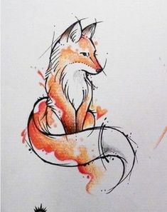 a drawing of a fox sitting on top of a piece of paper with watercolor paint