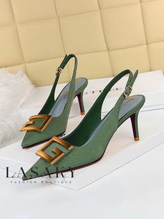 Lasaky - Stylish Metal Letter Decor Slingback Pumps with Stiletto Heels Hak Tinggi, Sandals Luxury, Urban Shoes, Heels Patterns, Luxury Party, Beige Shoes, Buckle Shoes, Shoe Show, Stiletto Pumps