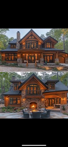 two pictures of the front and back side of a house with lights on in it