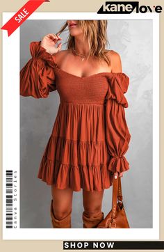 Brown Boho Solid Shirred Ruffle Mini Dress Casual Tiered Ruffle Dress With Puff Sleeves, Casual Tiered Dress With Puff Sleeves And Ruffles, Off-shoulder Ruffled Mini Dress, Summer Long Sleeve Tiered Dress With Ruffle Hem, Long Sleeve Tiered Dress With Ruffle Hem For Summer, Billowy Dresses With Ruffle Hem For Day Out, Solid Color Off-shoulder Dress With Ruffles, Billowy Ruffled Mini Dress For Brunch, Billowy Ruffled Dress For Fall