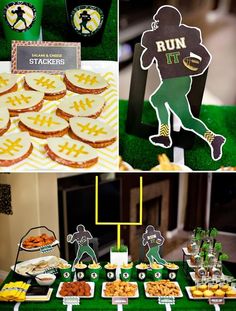 a collage of photos with food and decorations on it, including snacks for the football team