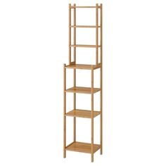 a tall wooden shelf with three shelves on each side