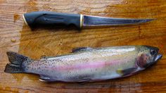 a large fish laying on top of a wooden table next to a knife