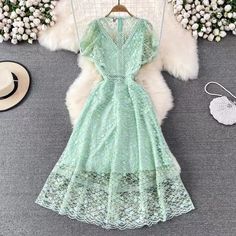 Senior sense, luxury light green dress, round neck waist dress, lotus sleeve A-line lace dress elegant long dressMaterial:laceStyle:freshFeatures:luxury,elegantColor:as pictureSize(cm):S,M,L,XL,2XL 1inch=2.54cmS:bust:86,waist:70,shoulder:35,,length:102<p>M:bust:88,waist:72,shoulder:36,length:103</p><br/><p>L:bust:92,waist:76,shoulder:37,length:104</p><br/><p>XL:bust:96,waist:80,shoulder:38,length:105</p><br/><p>2XL:bust:100,waist:84,sho Green Lace Dress For Summer Evening, Summer Evening Green Lace Dress, Elegant Green Lace Dress, Elegant Light Green Dress With Short Sleeves, Chic Green Lace Dress For Summer, Elegant Short Sleeve Lace Maxi Dress, Elegant Light Green Midi Dresses, Elegant Maxi Dress With Lace Sleeves For Summer, Elegant Summer Maxi Dress With Lace Sleeves