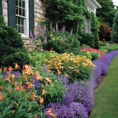 colorful flowers line the side of a house