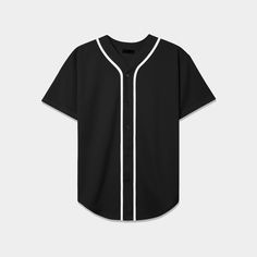 a baseball jersey with white piping on the chest and sleeves, in dark grey