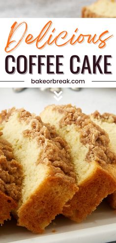 a close up of a cake on a plate with the words delicious coffee cake above it