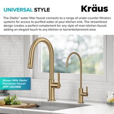 a kitchen sink and faucet with the words universal style krusus on it