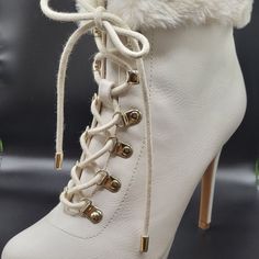 Thalia Sodi, Ivory Color Cream Ankle-high Winter Booties, Cream Ankle-high Lace-up Boots For Winter, Beige Faux Leather Heels With Round Toe, White Almond Toe Heels In Faux Leather, Beige Ankle Boot Heels For Winter, Cream Faux Leather Heels With Round Toe, Beige Lace-up Heels For Winter, Winter Beige Lace-up Heels, White Closed Toe Heels For Winter