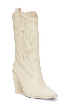 Classic embroidery, a notched topline and square toe give Western-inspired style to this leather boot. 3 1/2" heel 9 3/4" shaft Side zip closure Leather upper/synthetic lining/rubber sole Imported Western Boots With Block Heel, Western Style Boots With Block Heel, Fitted Western Boots With Block Heel, Spring Rodeo Heeled Boots With Reinforced Heel, Western Style Mid-calf Boots With Block Heel For Spring, Spring Boots With Stacked Heel And Snip Toe, Stacked Heel Snip Toe Boots For Spring, Western Almond Toe Boots For Spring, Western Style Mid-calf Boots With Reinforced Heel For Spring