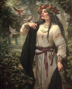 a painting of a woman with birds in her hair and wearing a white dress, surrounded by greenery