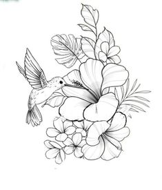 a drawing of a hummingbird and flowers