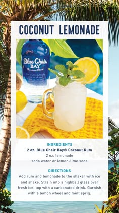 an advertisement for blue crab lemonade on the beach with palm trees and water in the background