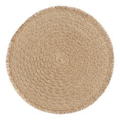 a round rug with fringes is shown on a white background and has the words,